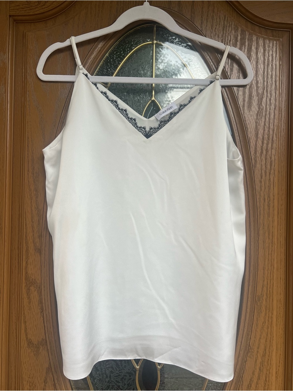 Calvin Klein White Satiny V-Neck with black Lace Trim Top Women’s Medium